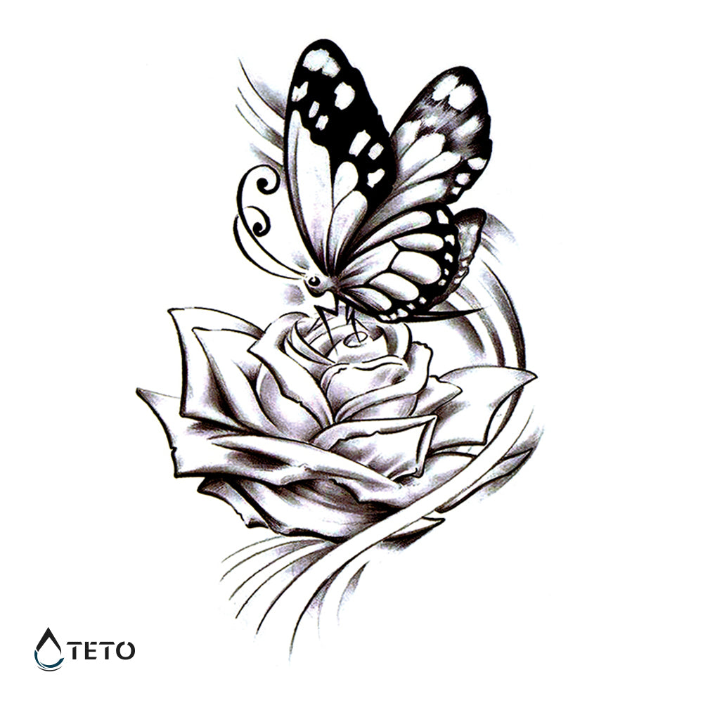 Mariposa sobre una rosa - TETO - Tatuajes Temporales