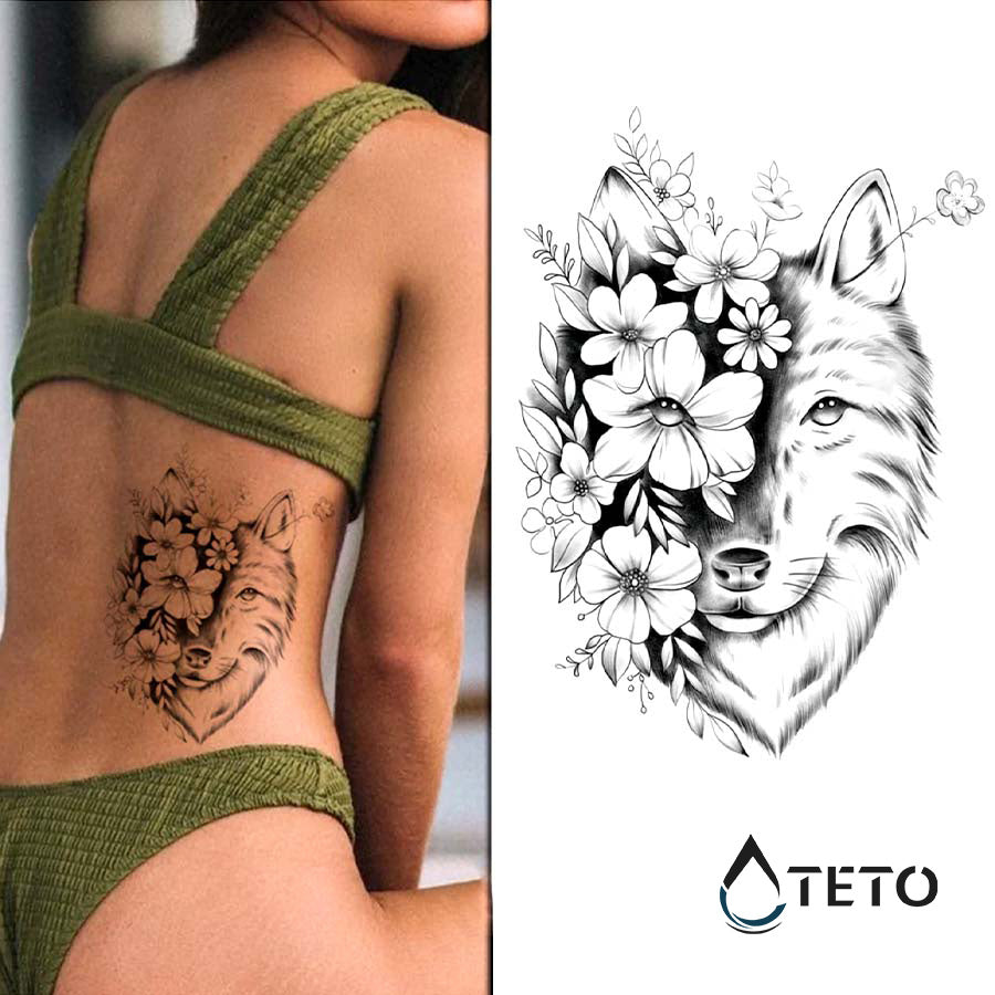 Lobo con flores - TETO - Tatuajes Temporales