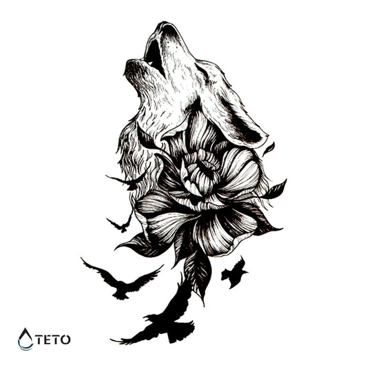 Lobo con flores y pájaros - TETO - Tatuajes Temporales