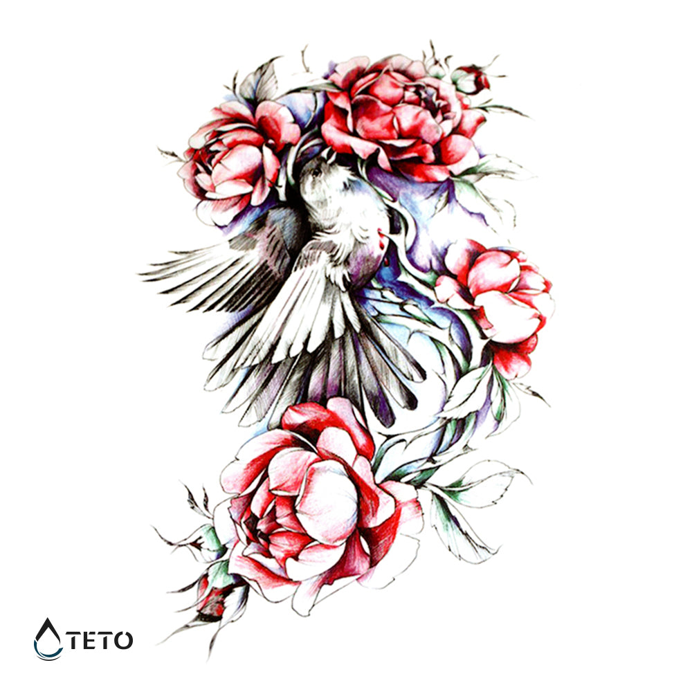 Pájaro con flores - TETO - Tatuajes Temporales