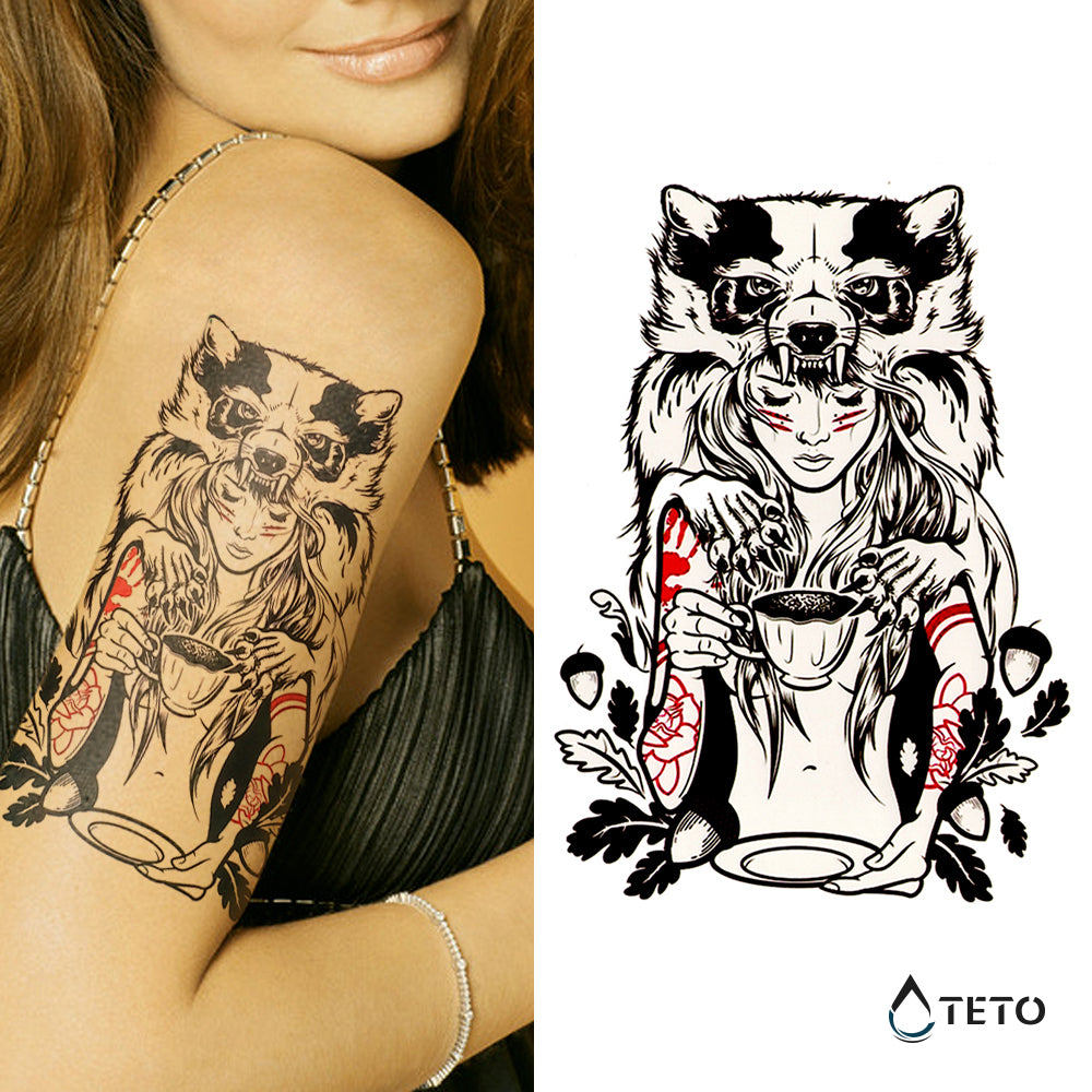 Retrato de una mujer con lobo - TETO - Tatuajes Temporales