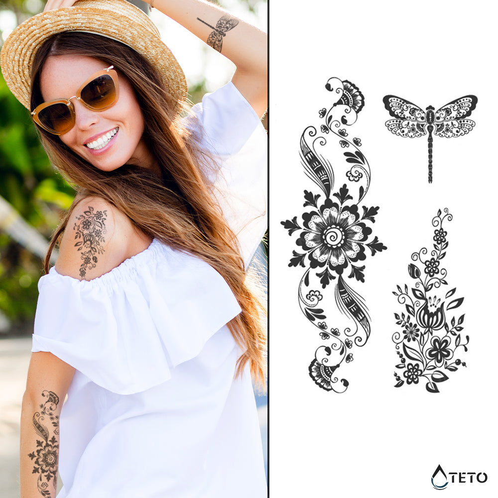 Adornos de flores y libélula – Semipermanente - TETO - Tatuajes Temporales